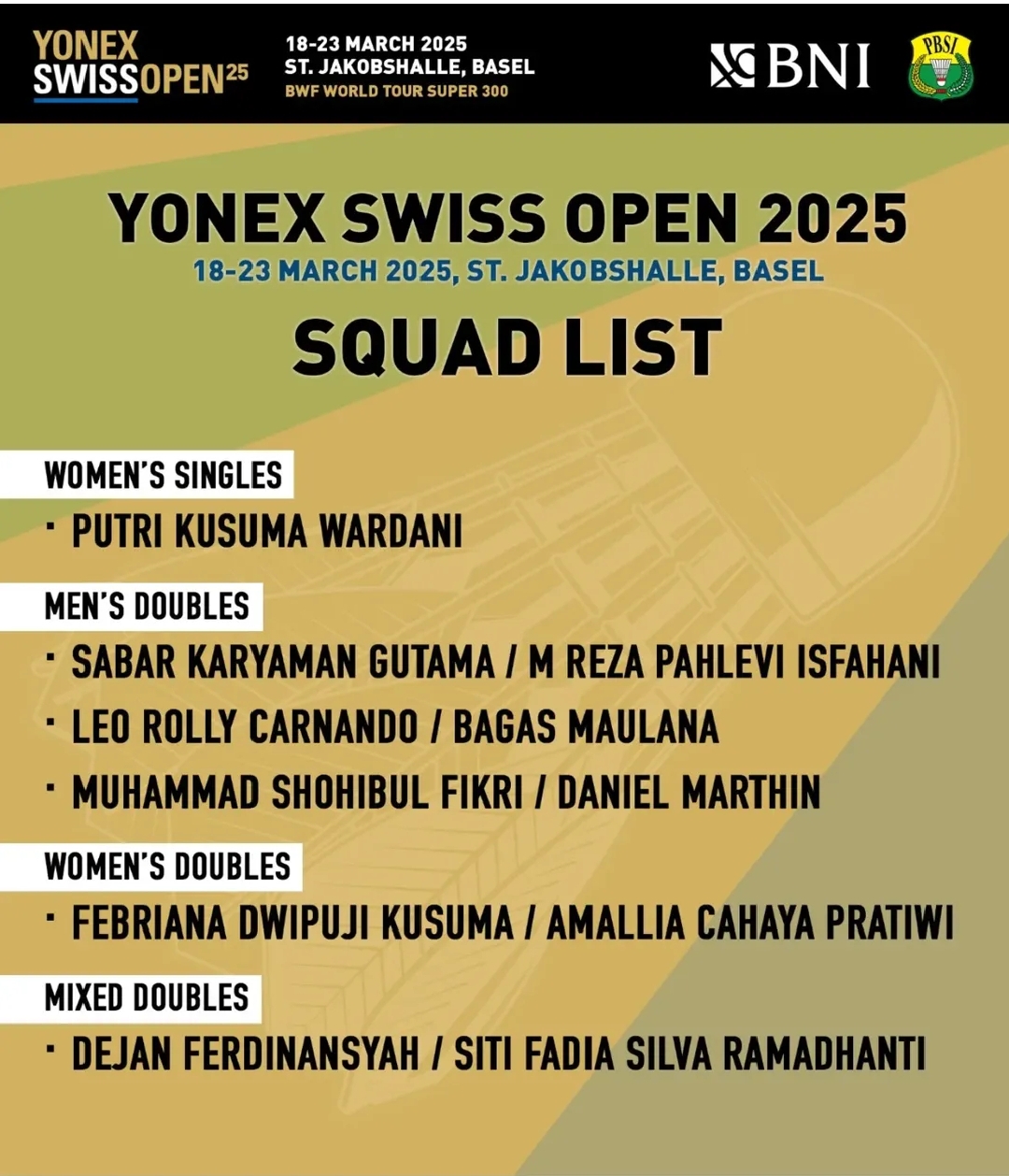 Daftar Wakil Indonesia di Swiss Open 2025 (Sumber Instagram PBSI)